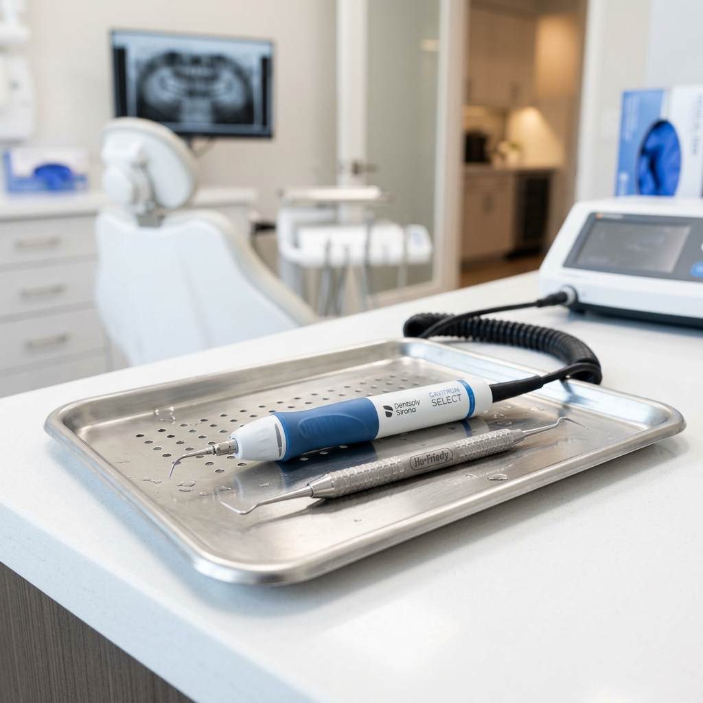 Instrument de detartraj cu ultrasunete și scaler manual pe tavă medicală